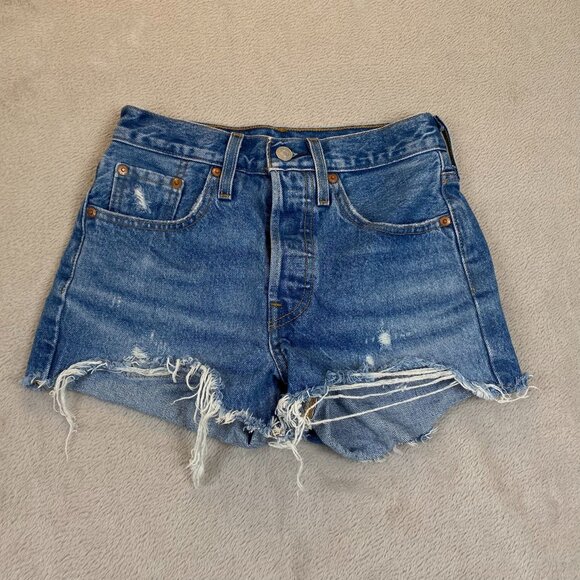 Levis Premium 501 Women's Denim Shorts 24 Distressed High-Waisted - Picture 10 of 11
